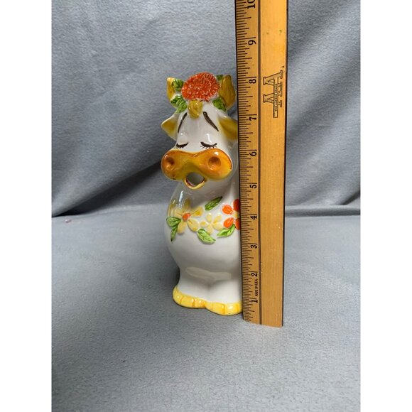 Vintage Bossie Cow-Shaped Ceramic Pitcher with Floral Accents & Handle Lefton - Picture 9 of 14